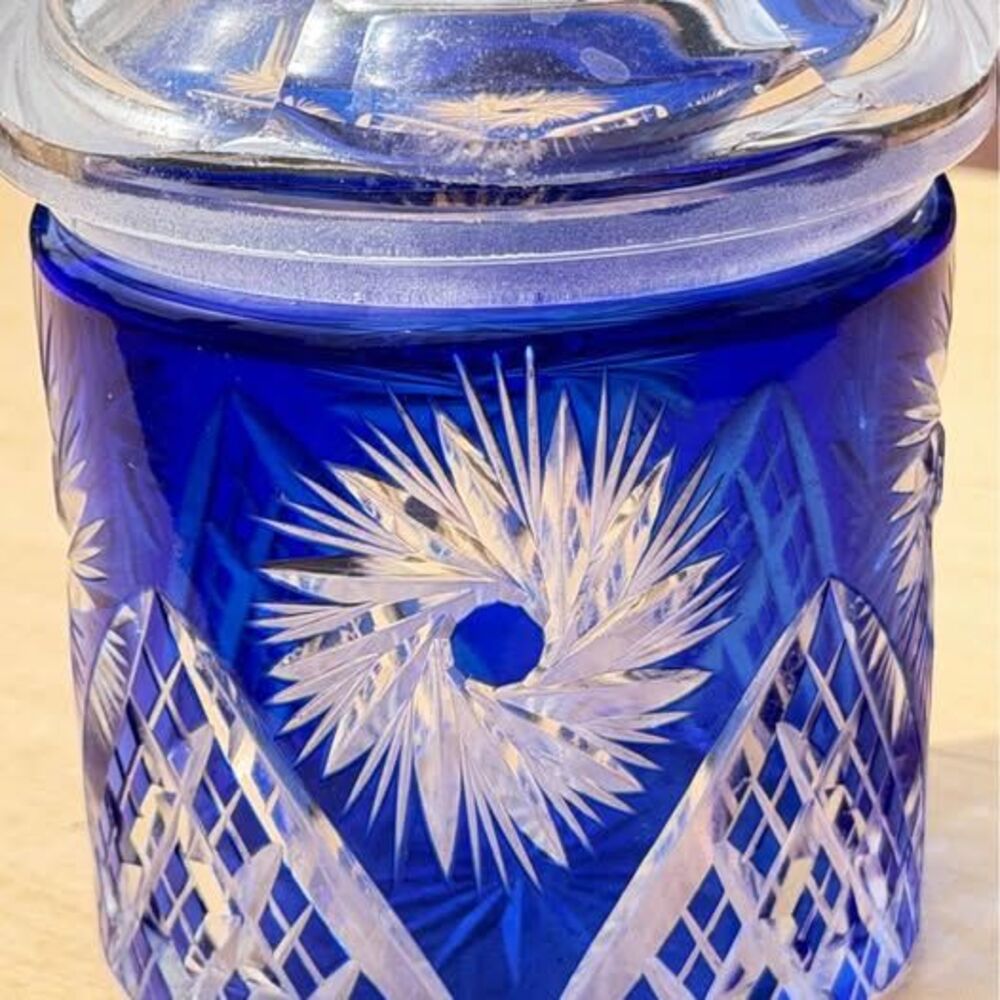 Bohemian Cobalt Blue Cut to Clear Glass Lidded Jar